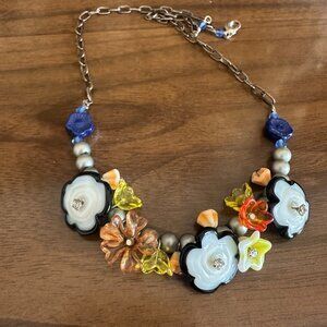 VINTAGE Italian Murano Glass Floral Choker Necklace with Black Pearls